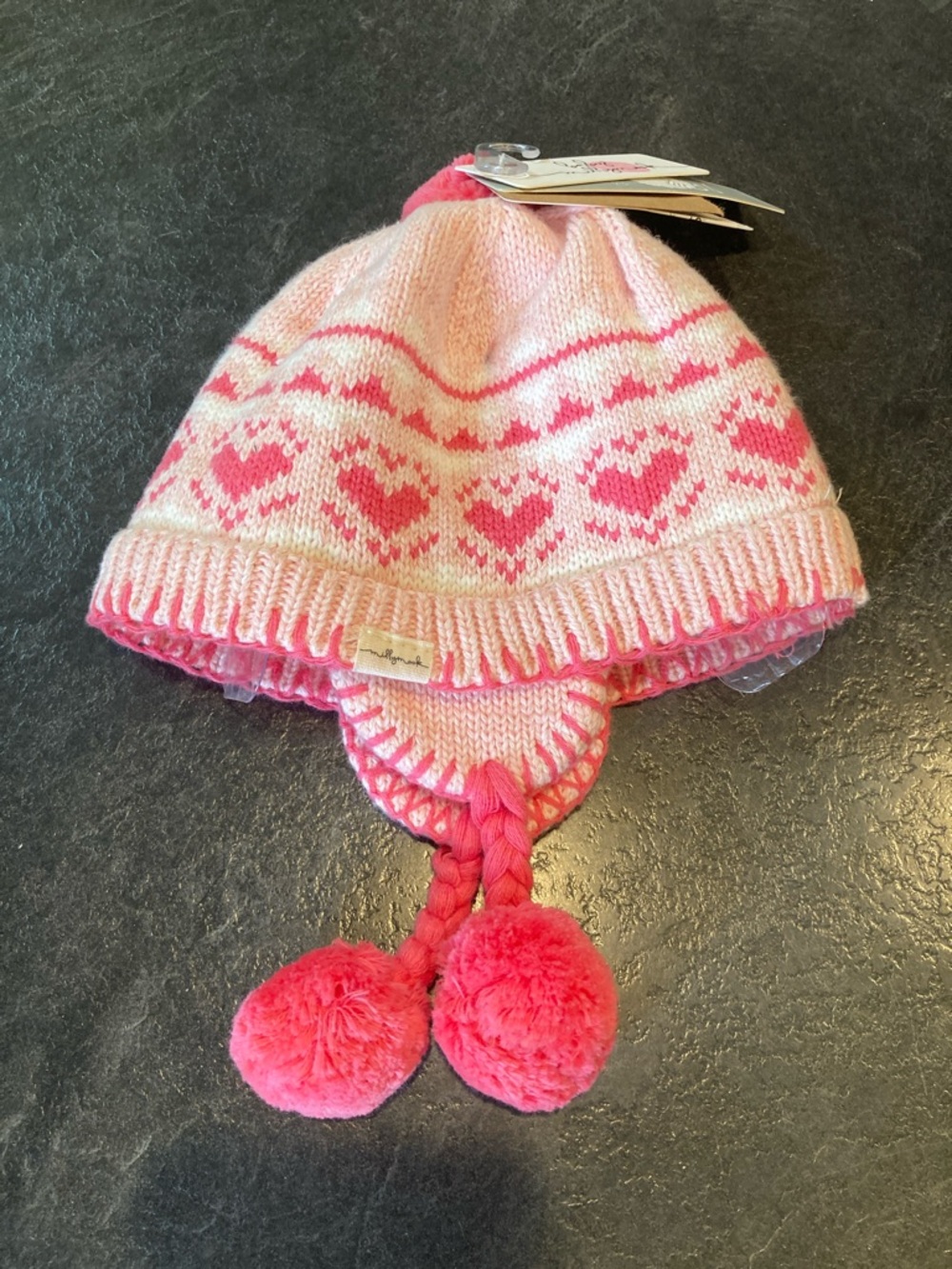 Girls Millymook Peru pink hearts toboggan hat size 12-24 months - NWT